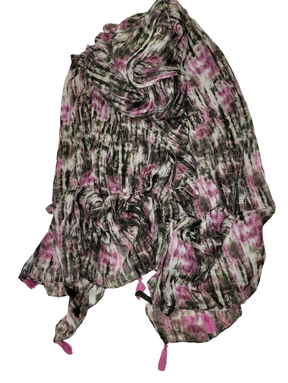 Abstract Print Tasseled Scarf Pink Black White Lightweight Accessory